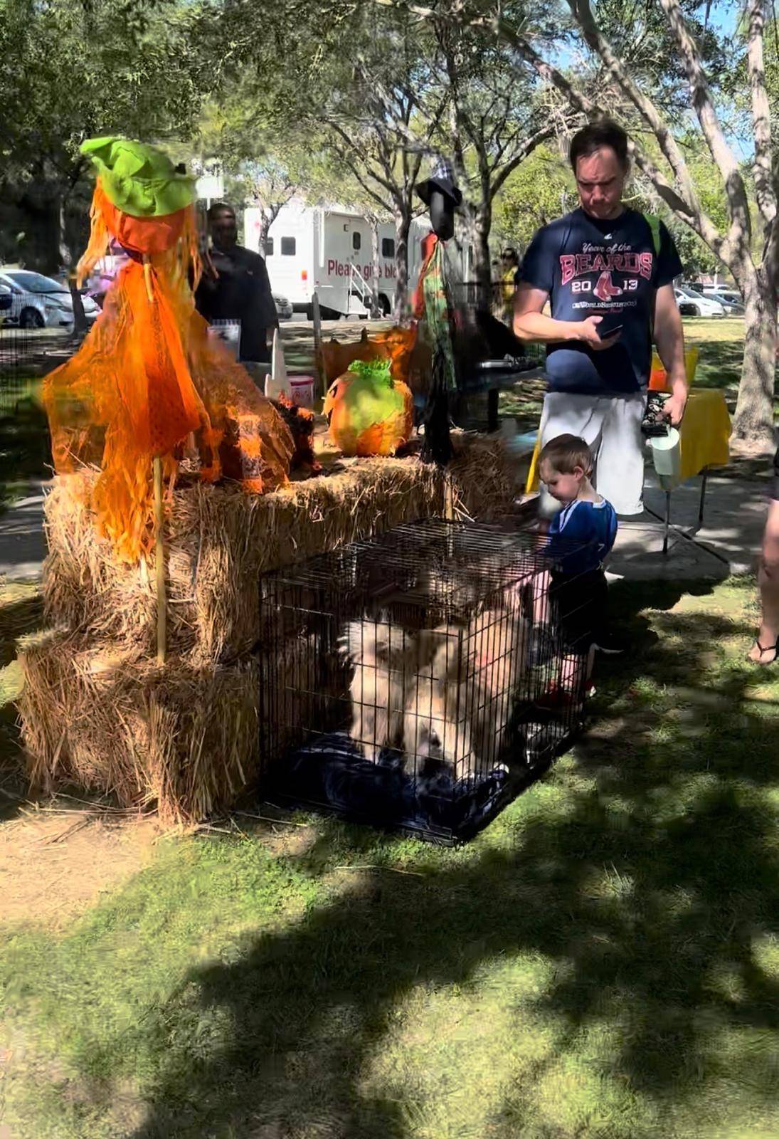 A decorated straw-bale display with people sitting beside it at an outdoor community event